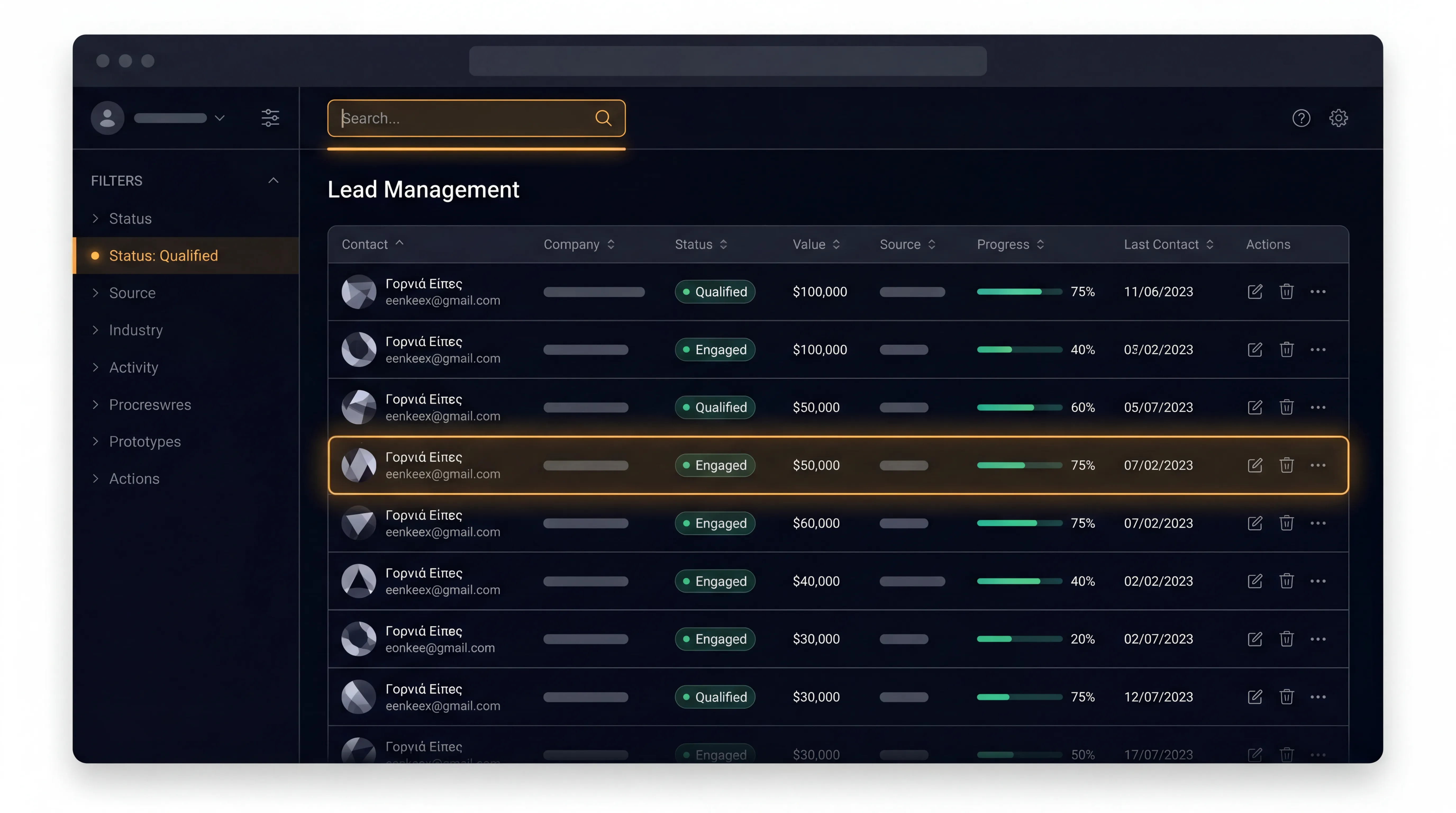 Lead table with filters and columns