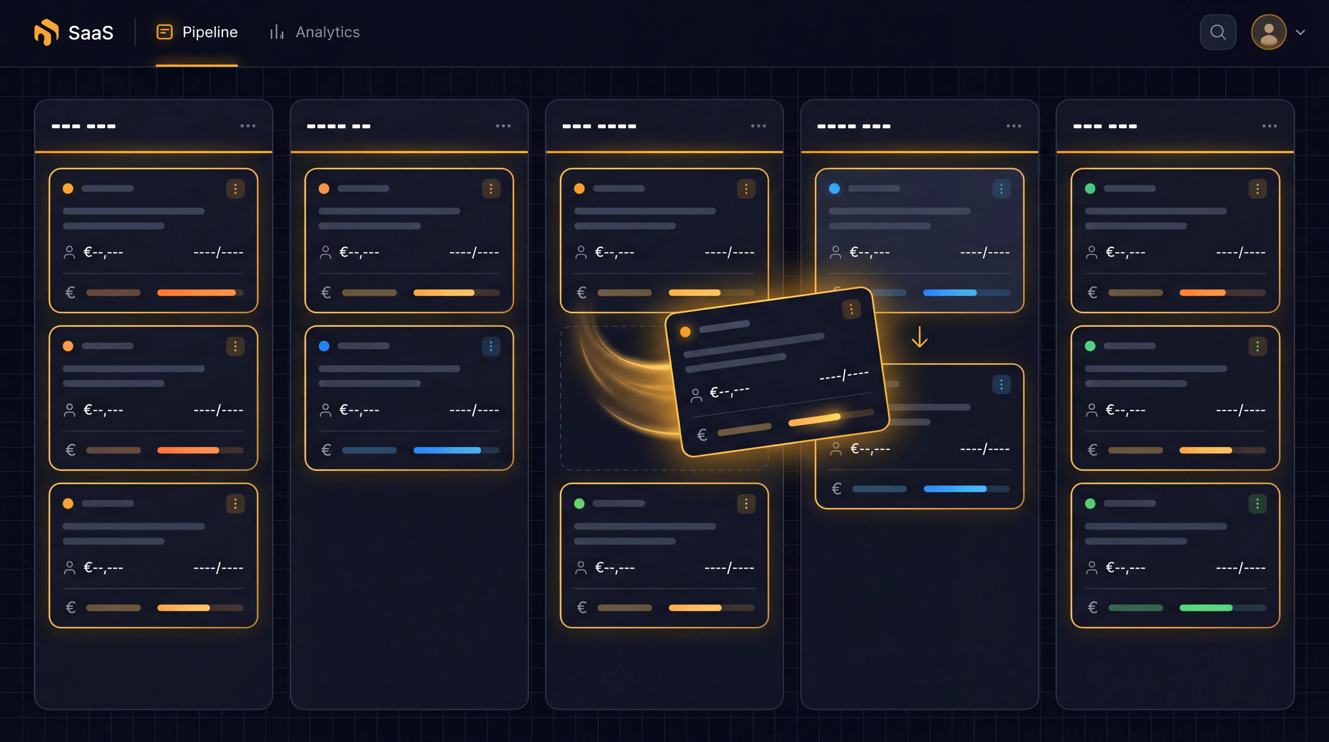 Kanban pipeline board with deal cards