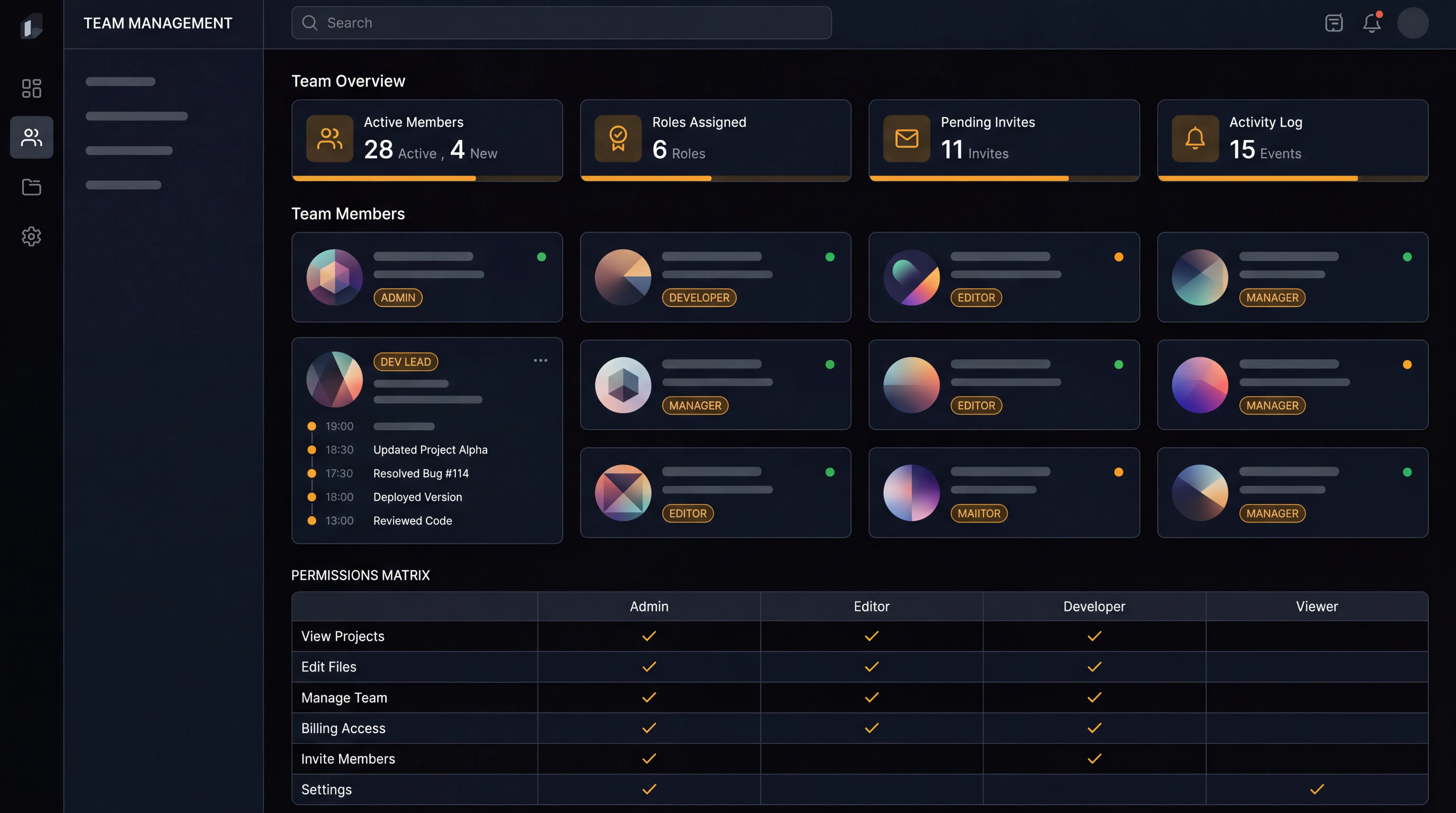 Team management page with roles
