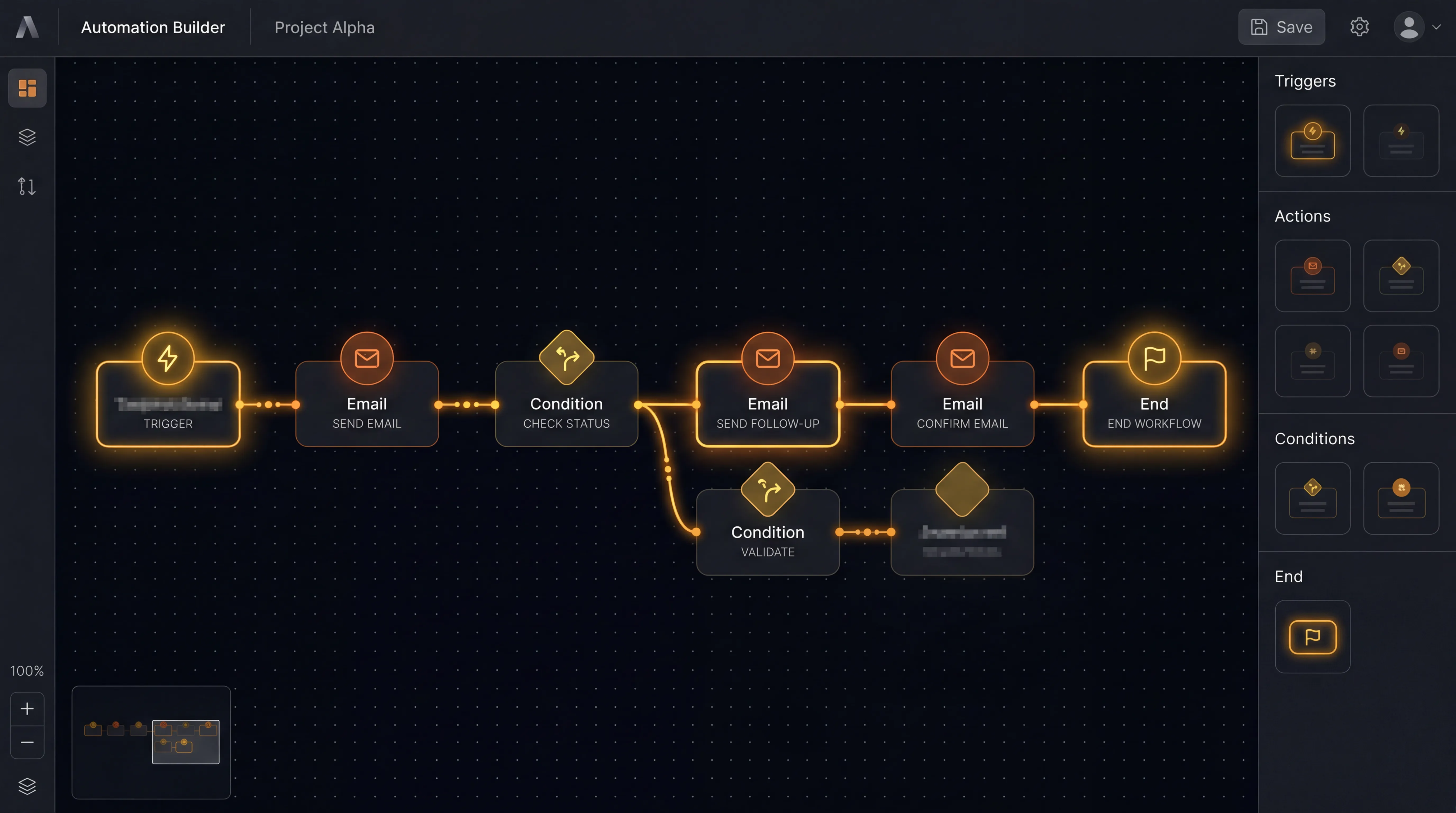 Workflow builder canvas with nodes